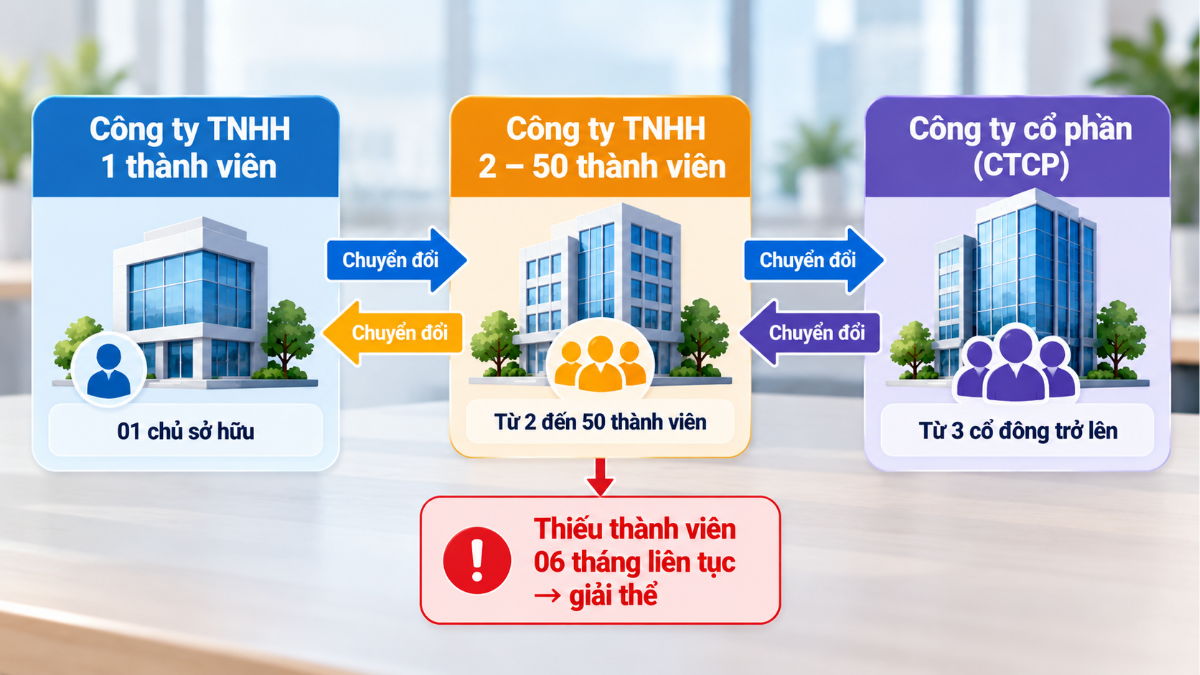 Các trường hợp chuyển đổi loại hình giữa công ty TNHH một thành viên, hai thành viên trở lên và công ty cổ phần