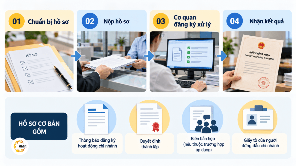 Hồ sơ thành lập chi nhánh công ty gồm thông báo quyết định thành lập và giấy tờ của người đứng đầu