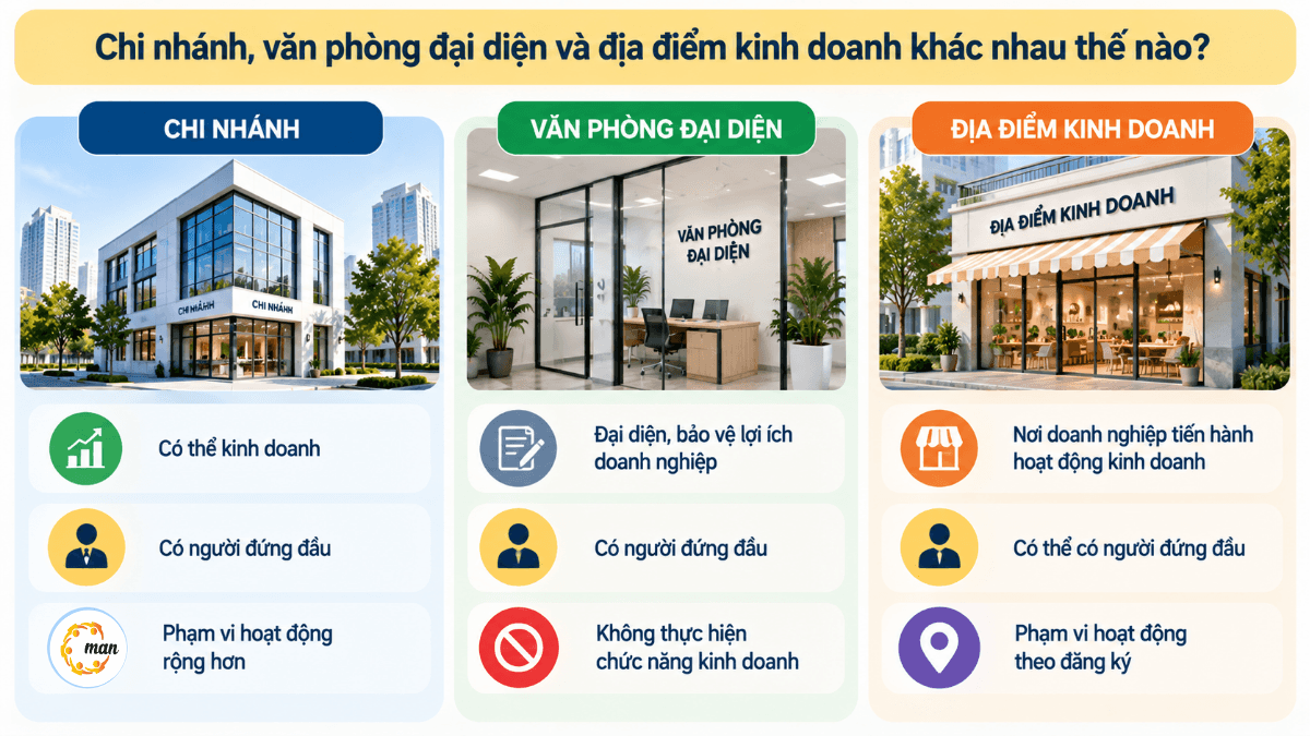 So sánh chi nhánh văn phòng đại diện và địa điểm kinh doanh