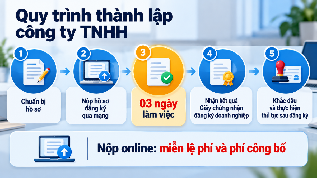 Thủ tục thành lập công ty TNHH online qua Cổng thông tin quốc gia về đăng ký doanh nghiệp gồm 5 bước